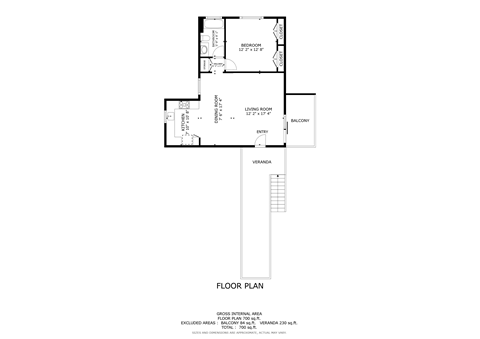 Floor plan for 1 bed, 1 bath, 720 sqft